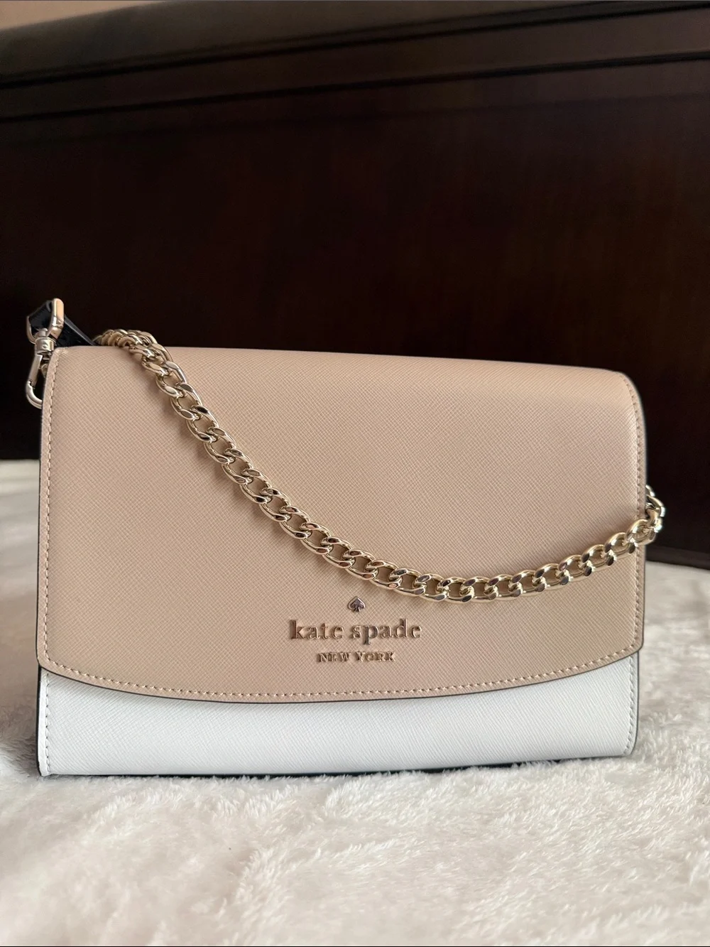 Kate Spade Beige and White Saffiano Leather Crossbody with Black Strap